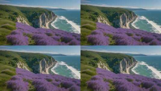 海边悬崖紫色花海全景高清在线视频素材下载