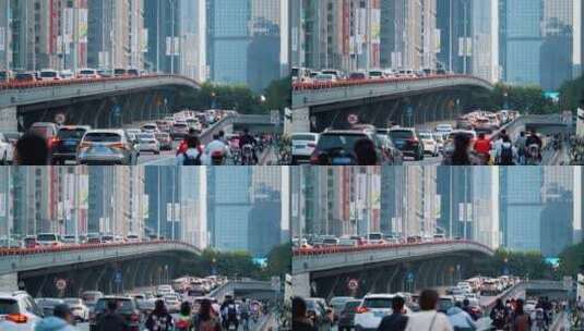 中国辽宁沈阳城市立交桥交通人群与车流高清在线视频素材下载