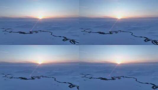 辽阔雪原蜿蜒特泥河唯美夕阳高清在线视频素材下载