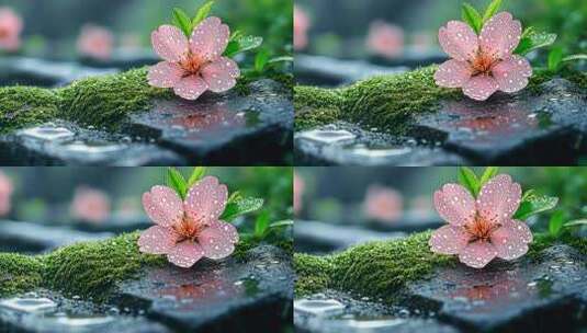 雨中带水珠的粉色落花特写高清在线视频素材下载