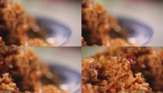 肉汤拌饭扁豆排骨焖饭高清在线视频素材下载