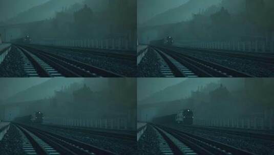 火车清晨行驶过站山里雾气火车站进站高清在线视频素材下载