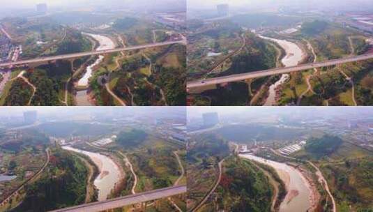 重庆水土竹溪河公园航拍高清在线视频素材下载