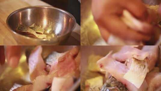 【镜头合集】不锈钢盆用葱姜料酒腌制鱼肉高清在线视频素材下载