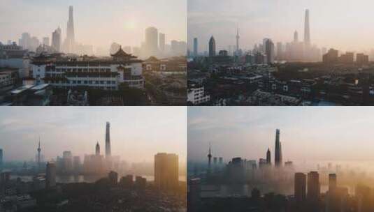 上海清晨橙色雾气 航拍高清在线视频素材下载