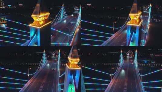 桥梁贴近飞过城市的夜景航拍高清在线视频素材下载