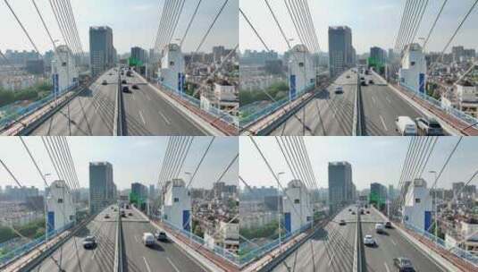 穿桥航拍杨浦大桥上的车流高清在线视频素材下载