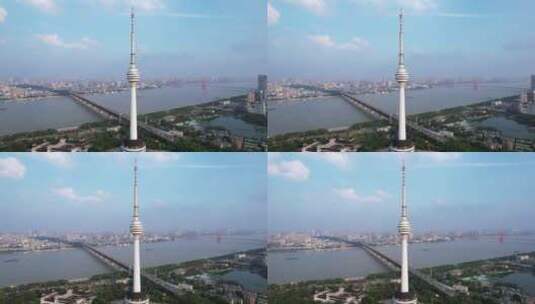 航拍武汉长江江景与长江大桥和电视塔高清在线视频素材下载