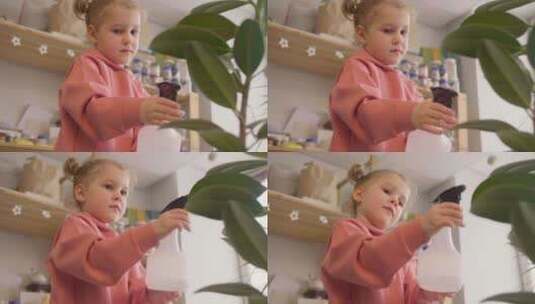 小女孩在给绿植喷水高清在线视频素材下载
