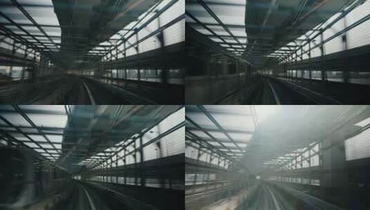 地铁轻轨列车穿梭在城市第一人称视角高清在线视频素材下载