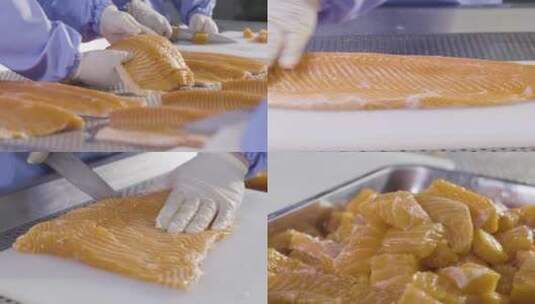 食品生产车间工作人员切三文鱼加工高清在线视频素材下载