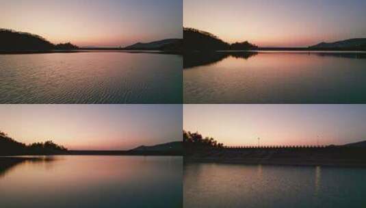 珠海金台寺佛教寺庙夕阳水库航拍高清在线视频素材下载