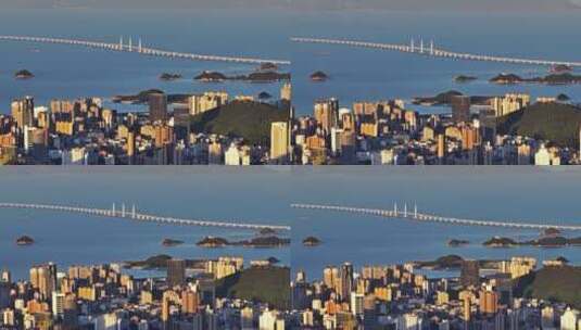 长焦航拍港珠澳大桥同框珠海地标建筑高清在线视频素材下载