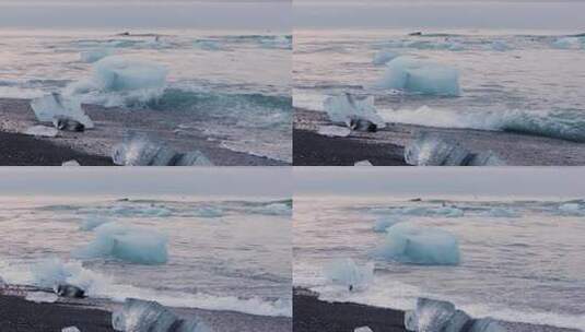 黑沙滩和散落的冰块高清在线视频素材下载