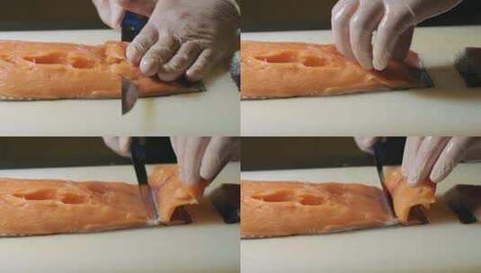 厨师切鲑鱼肉高清在线视频素材下载