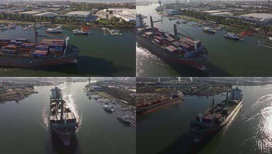 城市航拍货轮进港墨尔本海运远洋高清在线视频素材下载