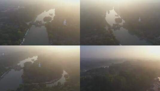 瘦西湖五亭桥清晨日出航拍高清在线视频素材下载