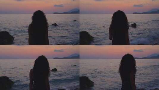 情绪女人海边夕阳剪影升格高清在线视频素材下载