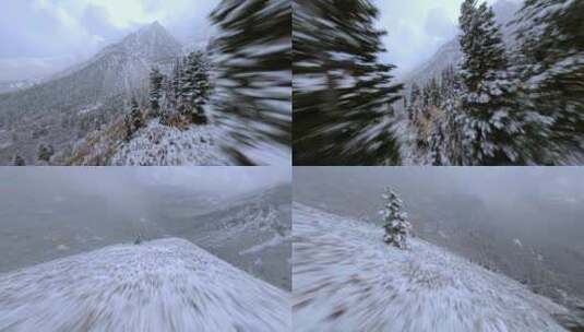 FPV穿越机无人机航拍森林雪山山脉阳光白云高清在线视频素材下载