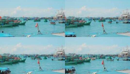 航拍渔船在越南港航行。传统的渔船排列在高清在线视频素材下载