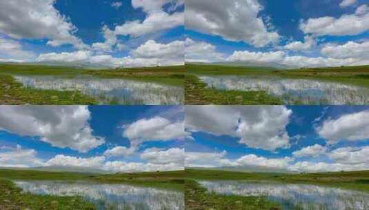 新疆 草原河流 雪山 花海 蓝天白云延时高清在线视频素材下载