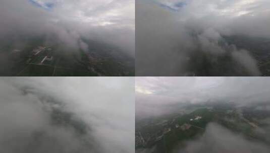 穿越机航拍清晨云层穿云农田平流雾日出高清在线视频素材下载