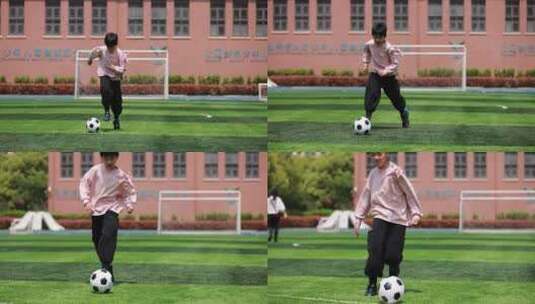 男孩在足球场踢球升格慢镜高清在线视频素材下载