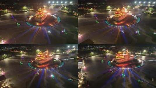 西安沣东昆明池公园夜景航拍高清在线视频素材下载