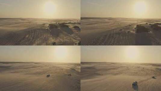 皮卡在金色日落时驾驶越野探索多风的巴西沙丘；无人机高清在线视频素材下载