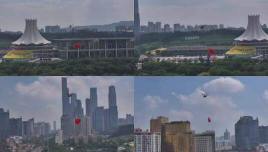 南宁国庆节氛围航拍无人机挂红旗高清在线视频素材下载