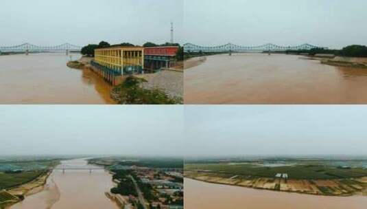 黄河  跨黄河铁路  跨黄河浮桥黄河两岸航拍高清在线视频素材下载