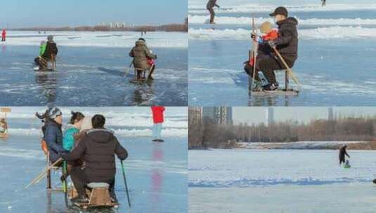 冬季北方雪地冰河冰上运动冰车滑冰高清在线视频素材下载