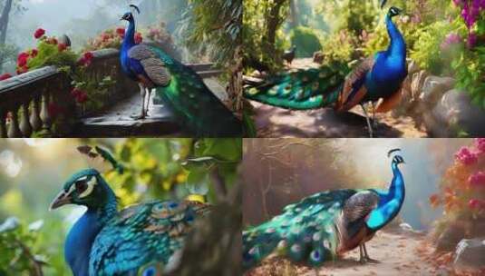 森林中孔雀野生动物羽毛翅膀开屏公园美丽高清在线视频素材下载