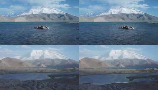 航拍慕士塔格峰和山脚下的湖泊吧高清在线视频素材下载