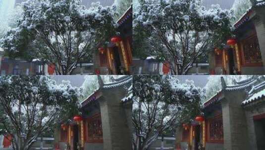 西安古建筑罔极寺大雪高清在线视频素材下载