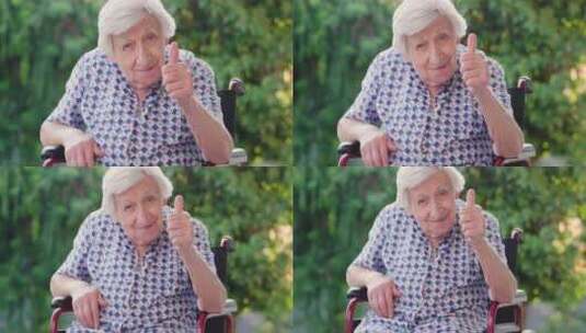 一位坐在轮椅上的老太太的肖像，她开心地微高清在线视频素材下载