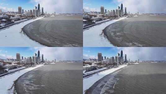 4K航拍烟台海边雪景高清在线视频素材下载