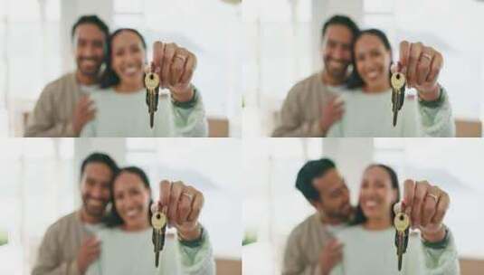 房子钥匙，爱情或幸福的夫妇亲吻房地产，房高清在线视频素材下载