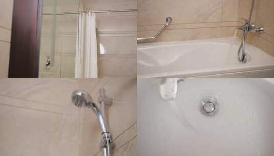 酒店房间浴室卫生间浴缸空镜花洒水龙头流水高清在线视频素材下载