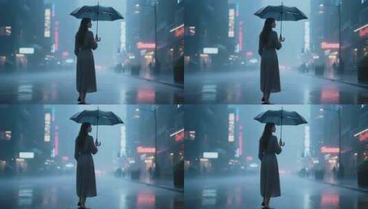 雨夜街头撑伞女子背影高清在线视频素材下载