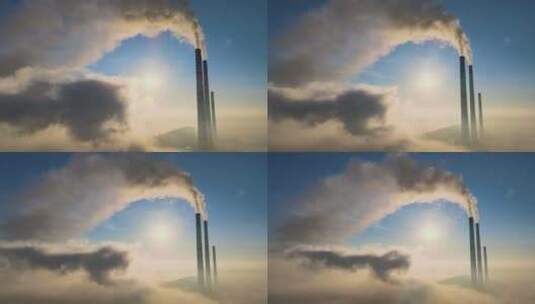 燃煤电厂高空烟气上升污染大气鸟瞰图高清在线视频素材下载