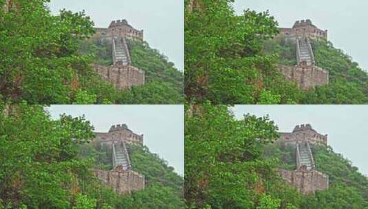 夏季金山岭长城早晨阴雨雾气风光高清在线视频素材下载