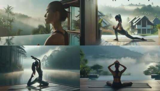 临湖别墅女人做瑜伽4K高清在线视频素材下载