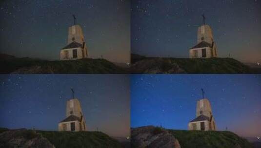 星星、夜空和教堂延时的日出高清在线视频素材下载