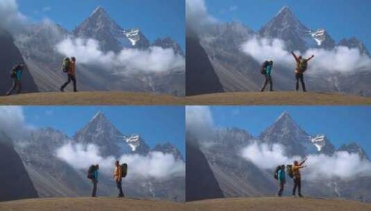 徒步旅行者在喜马拉雅山旅行高清在线视频素材下载