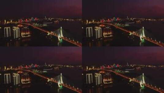 海口世纪大桥晚霞夜景倒影跨海大桥夜幕03高清在线视频素材下载