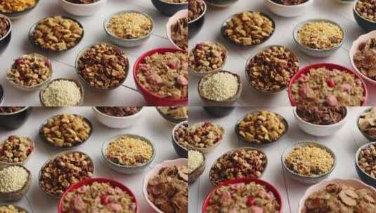 各种不同种类的谷物放在桌子上的陶瓷碗里高清在线视频素材下载