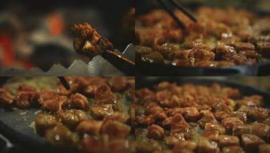 烤肉特写聚餐火盆竹签肉串高清在线视频素材下载