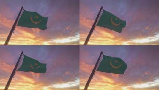 旗杆上的毛里塔尼亚国旗在风中飘扬高清在线视频素材下载