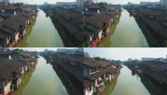 枫泾古镇的河道高清在线视频素材下载